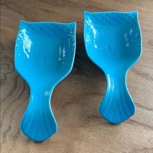 Pair of turquoise owl spoon rest